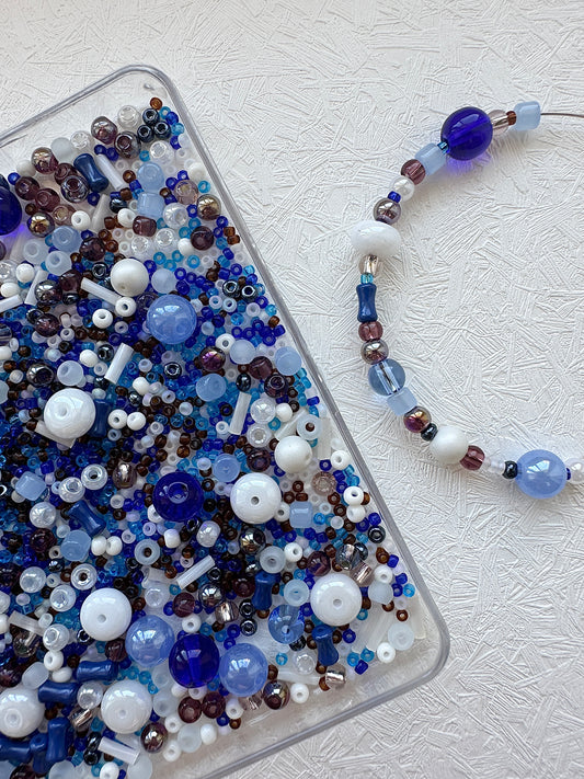 Beads mix 50g/mixed bead soup/Navy and white/assorted beads for crafting and jewellery making